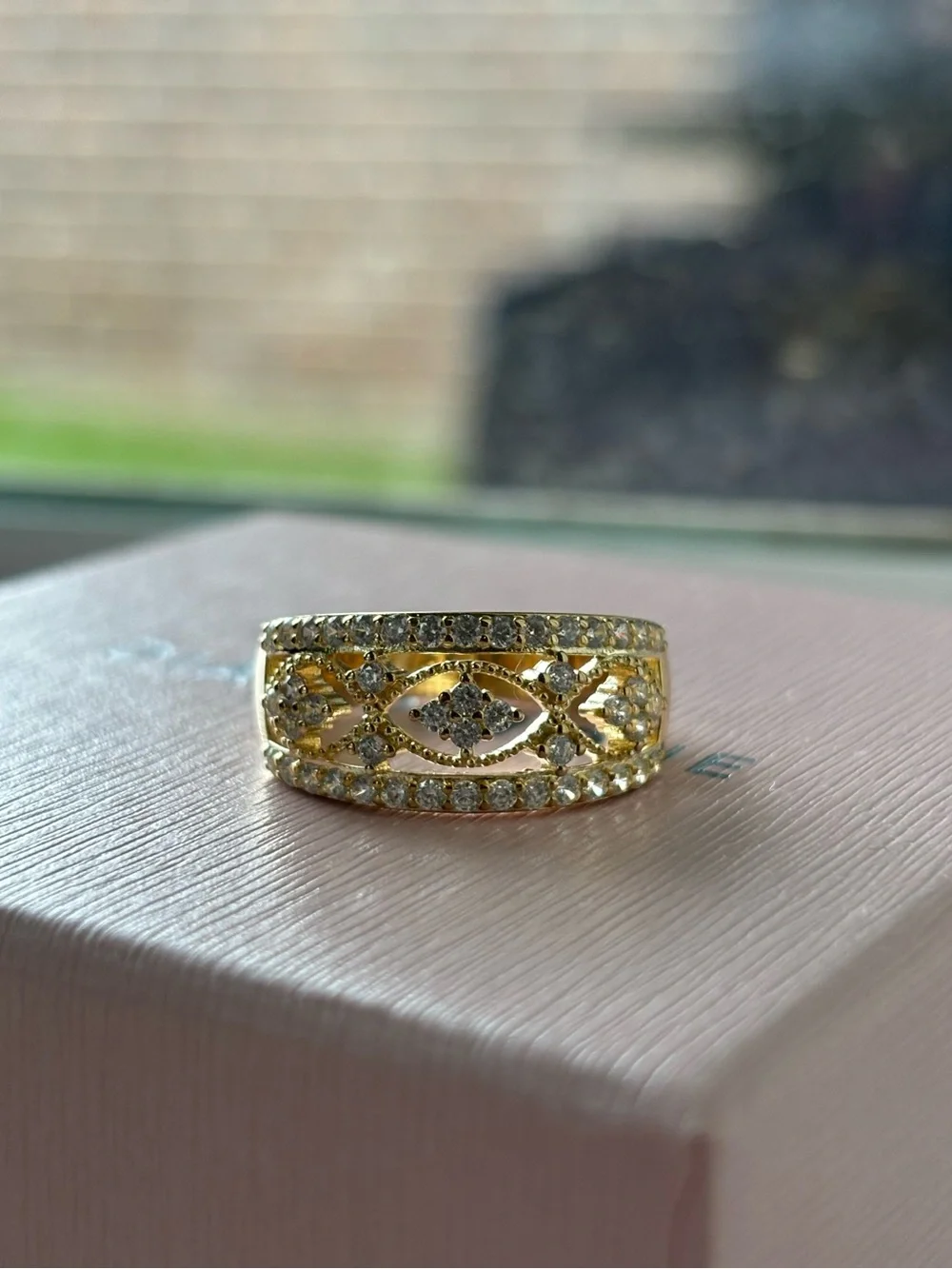 Diamonique Gold Tone CZ Openwork Statement Ring Size 7 NIB Designer New Jewelry